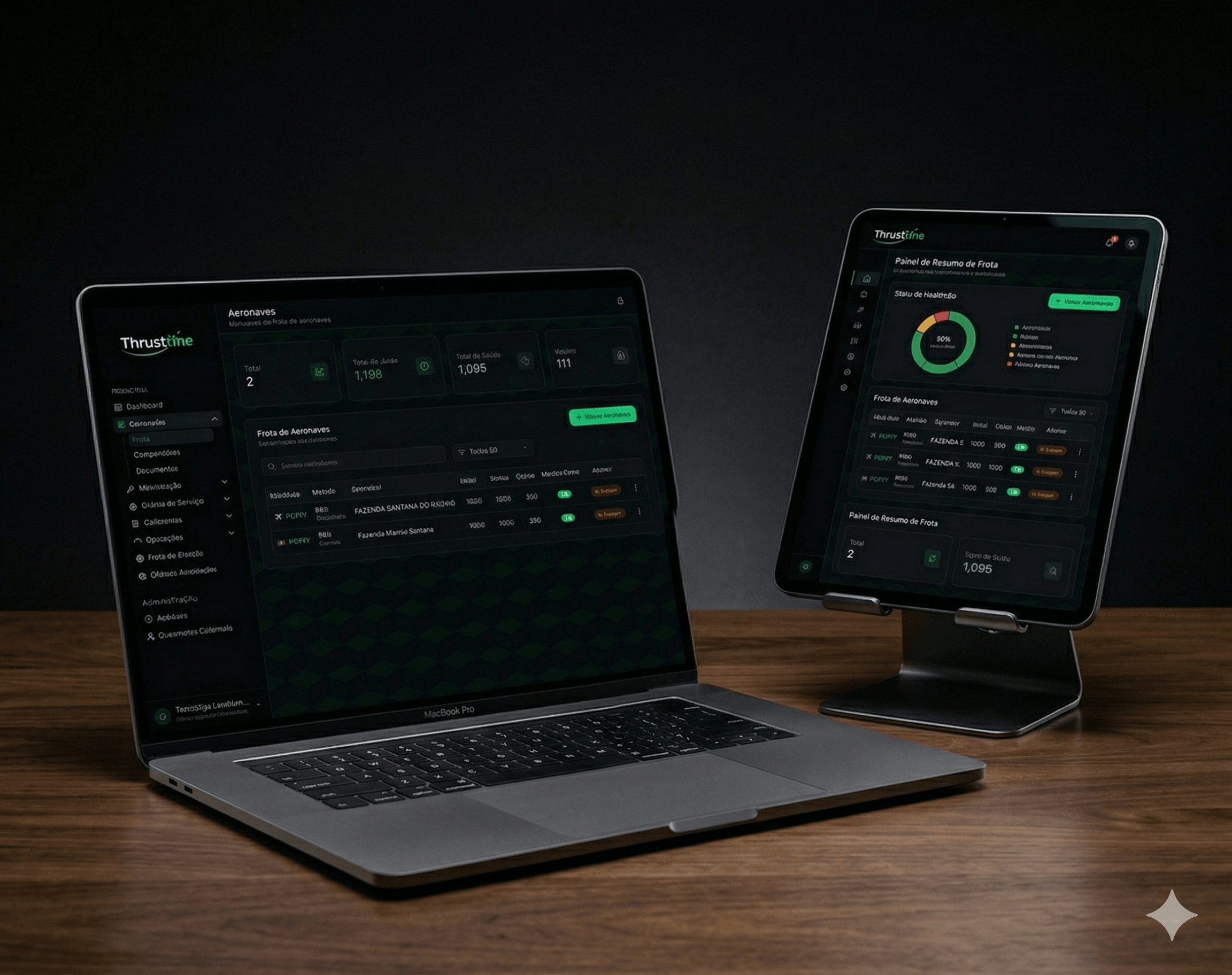 ThrustOne: dashboard de frota e health score em desktop e tablet