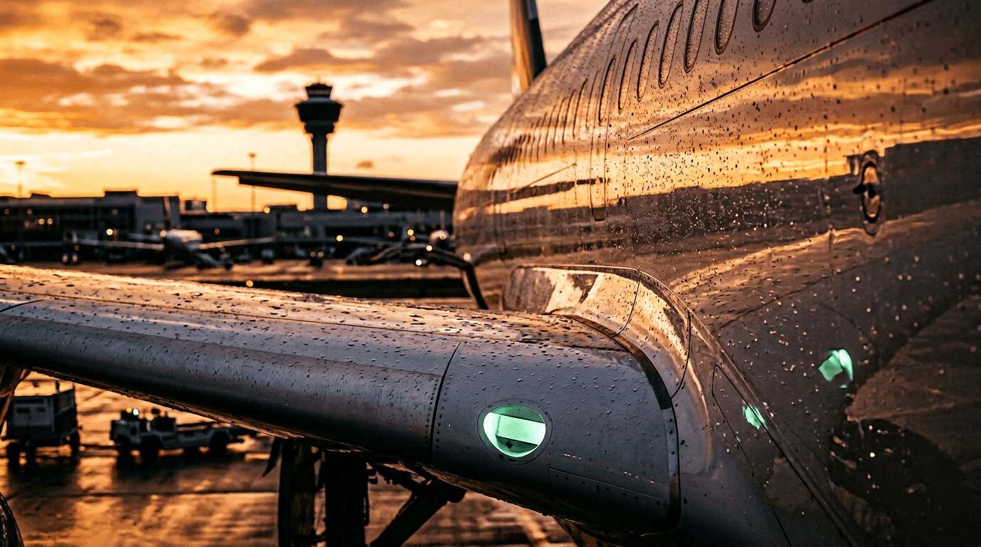 Asa de aeronave ao pôr do sol