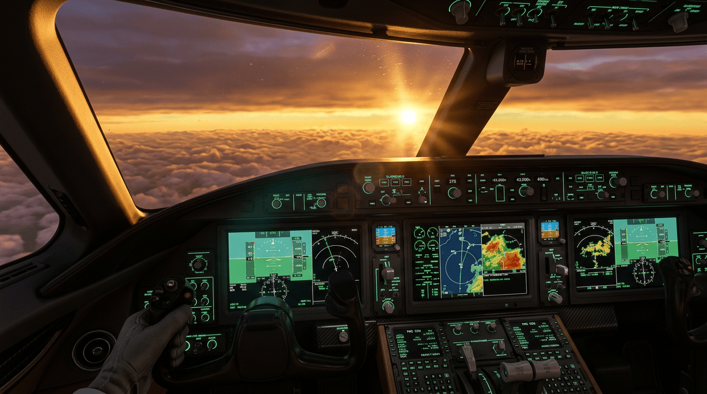 Cockpit moderno com aviônicos verdes ao pôr do sol